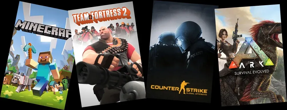 Stylized cover art for some of the games that anyone can host their own server for: Minecraft, Team Fortress 2, Counter-Strike: Global Offensive, and Ark: Survival Evolved.