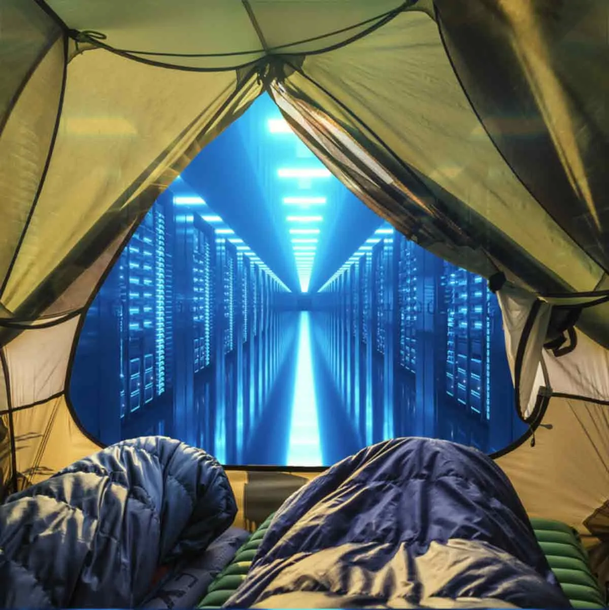 The view as if from inside a tent, looking out onto a blue tinted data center.