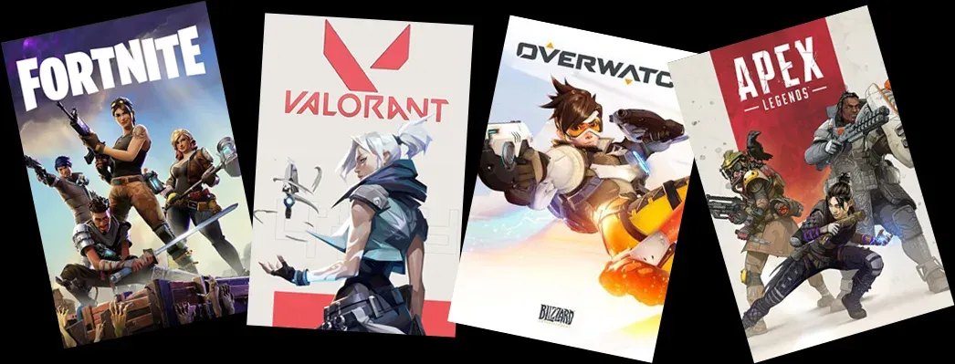 Stylized cover art for some of the games that you can't host your own servers for: Fortnite, Valorant, Overwatch and Apex Legends