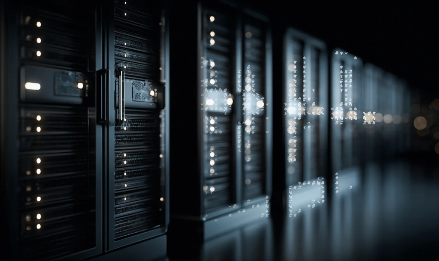 A row of illuminated server racks in a OneQode datacenter, overlaid with a subtle scatter of data symbols
